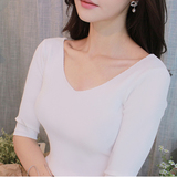 韩国夏季中袖T恤女纯棉V领修身五分袖打底衫半袖紧身短款上衣体恤