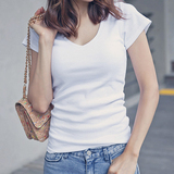 夏季新款短袖t恤女V领韩国短款纯棉紧身打底衫修身显瘦体恤小衫潮