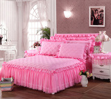 韩版蕾丝花边夹棉加厚床裙婚庆大红粉纯色床套床头罩结婚1.51.8米