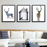 北欧装饰画三联画客厅挂画沙发背景墙画黑白复古有框壁画麋鹿一家