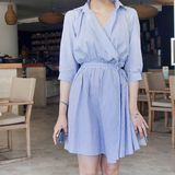 2016夏季新款 韩版显瘦收腰蓝白条纹气质中长款衬衫连衣裙 现货