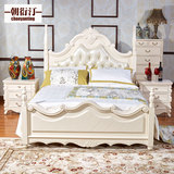 全实木床 美式高箱双人雕花床 欧式别墅卧室家具 1.8米白色真皮床