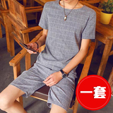亚麻套装男夏潮流韩版男装夏季休闲一套短袖短裤格子t恤棉麻衣服