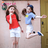 女童夏装中大童热裤条纹T恤短袖上衣套装韩国童装儿童短裤两件套
