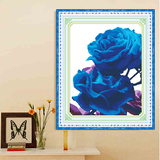 印花蓝色妖姬十字绣新款客厅餐厅大幅玫瑰花草系列挂画套件图案