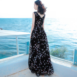 夏季长裙修身显瘦无袖雪纺黑色连衣裙波西米亚长裙海岛度假沙滩裙