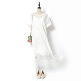 欧美时尚街拍圆领宽松纯色白色流苏蕾丝流苏连衣裙中长款韩版显瘦