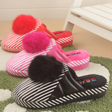 韩版秋冬季pu皮面防水防滑加厚底女居家室内坡跟保暖棉拖鞋兔毛球