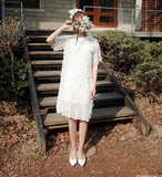 现货夏女装韩国代购立体花朵浪漫白色仙美中袖雪纺纱连衣裙中长裙