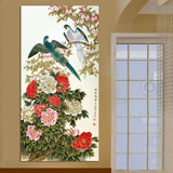 玄关装饰画竖版过道壁画现代中式风格走廊挂画门厅牡丹花鸟图国画