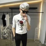 韩国流行胸前玫瑰花设计修身中袖衬衫男英伦百搭五分袖衬衣男半袖
