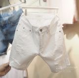 韩国代购 东大门 男款直筒磨毛挂丝刮烂纯白色 牛仔短裤