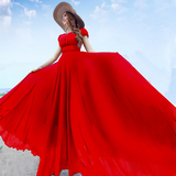 大码白短袖雪纺连衣裙大摆大红色沙滩裙渡假裙波西米亚仙女裙
