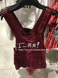 H&M HM 女装专柜正品折扣代购 7月 酒红色灯芯绒背带短裤 0423993