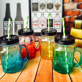 韩国创意带吸管梅森杯带盖便携玻璃水杯彩色个性果汁杯饮品公鸡杯