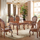 欧式大理石面餐桌 长方形6人实木美式橡木雕花组装客厅饭桌椅