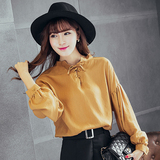 2016秋季韩版大码棉麻纯色显瘦T恤系带V领上衣宽松灯笼长袖衬衫女