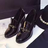Ocandy 2016新品链条黑色高跟粗跟单鞋漆皮圆头浅口韩版金属女鞋