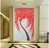 立体浮雕油画红色发财树玄关艺术壁纸走廊定制壁画无缝墙布包邮