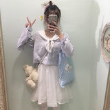 【SanKouSan】：海军领少女纯棉亲肤软妹水蓝兔耳朵领结长袖衬衫