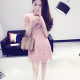 2016夏季新款女装显瘦裙子 韩版中长款粉色气质修身女蕾丝连衣裙