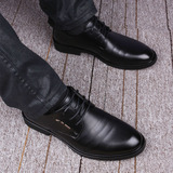 韩版男士商务休闲尖头皮鞋春季青年黑色真皮男鞋正装内增高结婚鞋
