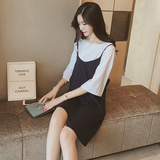 夏季新款韩版文艺条纹五分袖衬衫+不规则下摆吊带连衣裙两件套装