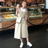 2016韩国ulzzang复古文艺口袋高腰系带中长款背带连衣裙女
