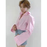2016韩国东大门复古甜美粉色条纹宽松背后开叉阔口长袖衬衫上衣女