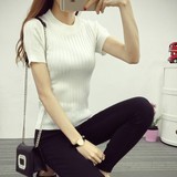 韩版夏装新款紧身T恤女修身半高领短袖针织衫短款海魂衫女打底衫