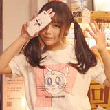 2016夏装韩版甜美可爱日系原宿动漫卡通印花中长款圆领短袖t恤女