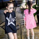 女童装女大童上衣长袖打底衫2016新款秋装韩版印花中长款黑色T恤