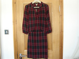 海伦英国代购BURBERRY女士深酒红色格子羊毛混纺V领七分袖连衣裙