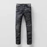 秋冬新款BALMAIN巴尔曼牛仔裤 男士复古黑灰色弹力修身小脚机车裤