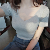 韩国代购夏秋新款熟女气质性感修身V领短袖弹力毛衣针织小上衣T恤