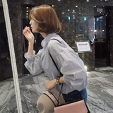 2016春季新款韩版宽松纯棉长袖衬衫条纹灯笼袖女士衬衣