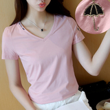 V领短袖T恤女修身显瘦韩国2016夏季新款纯色简约学生百搭棉打底衫