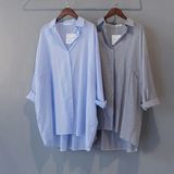韩国早秋新款女装上衣蝙蝠袖细条纹中长款防晒宽松大码衬衫