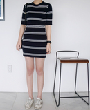 韩国代购 修身显身材女人味弹力条纹针织连衣裙 4色
