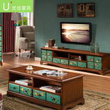 美式乡村电视柜茶几组合复古做旧储物地柜彩绘2米电视柜客厅家具