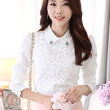 秋季韩版女装修身气质长袖女衬衫百搭套头衬衣白色花边加绒打底衫