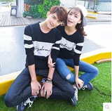 青少年春秋季新款T恤韩版黑白字母长袖上衣男女情侣装学生班服潮