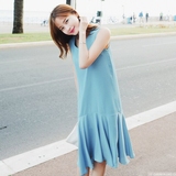 韩国官网Cherrykoko正品代购清凉天蓝色无袖直筒荷叶摆超长连身裙