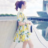 甜美小清新柠檬黄水果图案短袖印花连衣裙 时尚洋气超短裙子女新