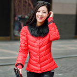2014韩版蕾丝袖长袖保暖加厚鸭绒毛领显瘦短款修身女式羽绒服外套