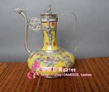 仿古董古玩杂项陶瓷镂空瓷壶茶壶外包银瓷壶 黄色色猴盖包银壶