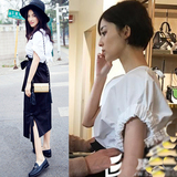 2016夏季古力娜扎微博街拍同款黑白套装裙短袖上衣+蝴蝶结半身裙