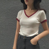 夏装韩国复古拼色V领螺纹短袖T恤女修身显瘦短款针织上衣体恤衫潮