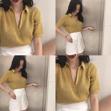 夏季新品韩国东大门chic纯色镂空薄款套头针织衫女V领短袖上衣潮