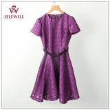 特！韩国夏款优雅高贵紫色质感暗纹大裙摆短袖连衣裙SFOW53708S